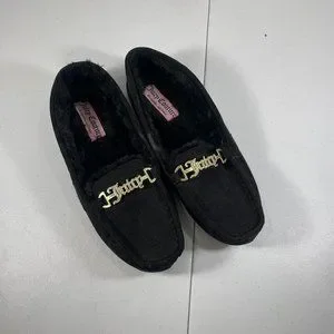 Juicy Couture Black Suede Fur Slip On Moccasin House Shoe Slippers Size 9
